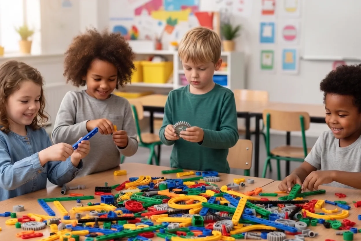 Estudantes construindo modelos com o Kit Estrutural Atto em sala de aula
