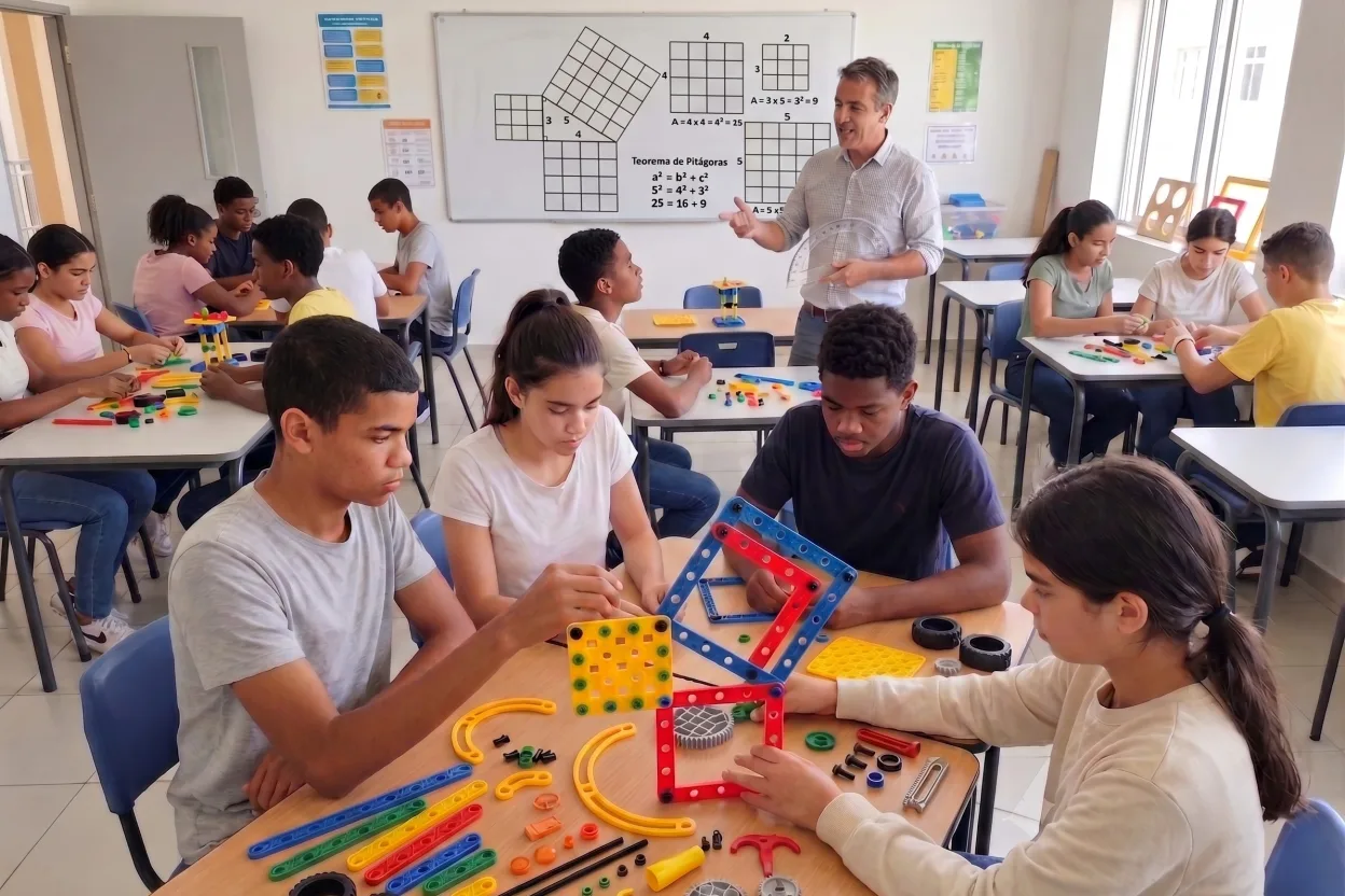Estudantes construindo conceitos matemáticos com o Kit Estrutural Atto
