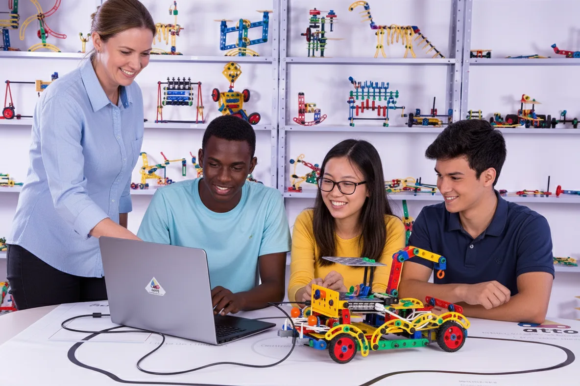 Estudantes construindo um robô com o AttoBox integrado às peças do Atto